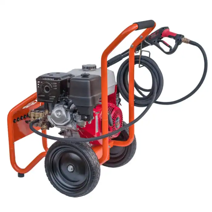 Benzinski perač pod pritiskom ECO Steam ES4200HD, HONDA GX390 (290bar, 1080l/h), crne točkove, narandžasti ram, crni motor.