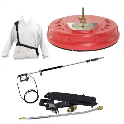 Set za pranje fasada, krovova i površina 290/230bar 5.4m sadrži crvenu četku, prskalicu, crevo i kaiš na dukserici.