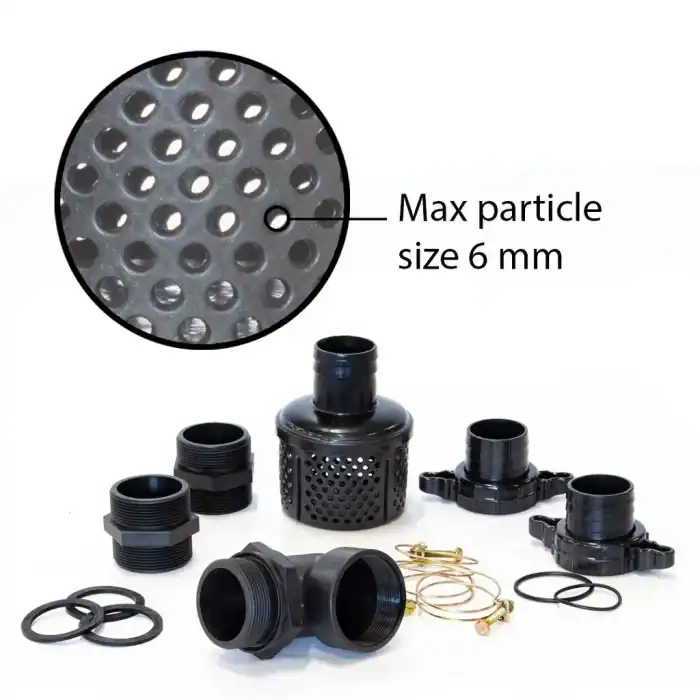 ES30-H pumpa za vodu i navodnjavanje (60m³/sat, 3 inča, HONDA motor), crni priključci na beloj podlozi; filter propušta čestice do 6mm.