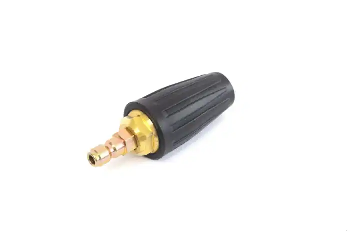 Roto dizna 040/300 bar - Turbo dizna za perač pod pritiskom od mesinga i crne plastike, sa rebrastim hvatom na beloj podlozi.