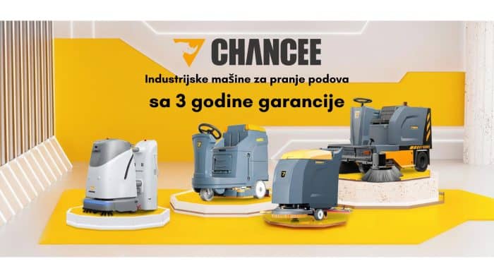 Prikaz četiri industrijske mašine za čišćenje podova, uz natpis Chancee mašine i oprema sa 3 godine garancije, na žuto-beloj pozadini.
