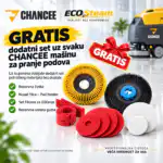 Promo slika za CHANCEE M50+ mašinu za pranje podova (2800m², 500mm, GEL baterije 3h), gratis kompletom četkica, jastučića i delova na slici. Srpski tekst ističe poklon set uz svaku kupovinu. Mašina M50+ je prikazana u pozadini.