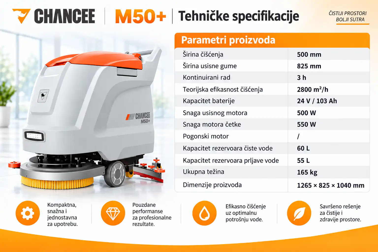 Chancee M50+ tehničke specifikacije profesionalne mašine za pranje podova