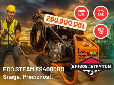 Muškarac u reflektujućem prsluku koristi narandžasti ECO STEAM ES4000BD, prikazane su karakteristike i Briggs & Stratton logo.
