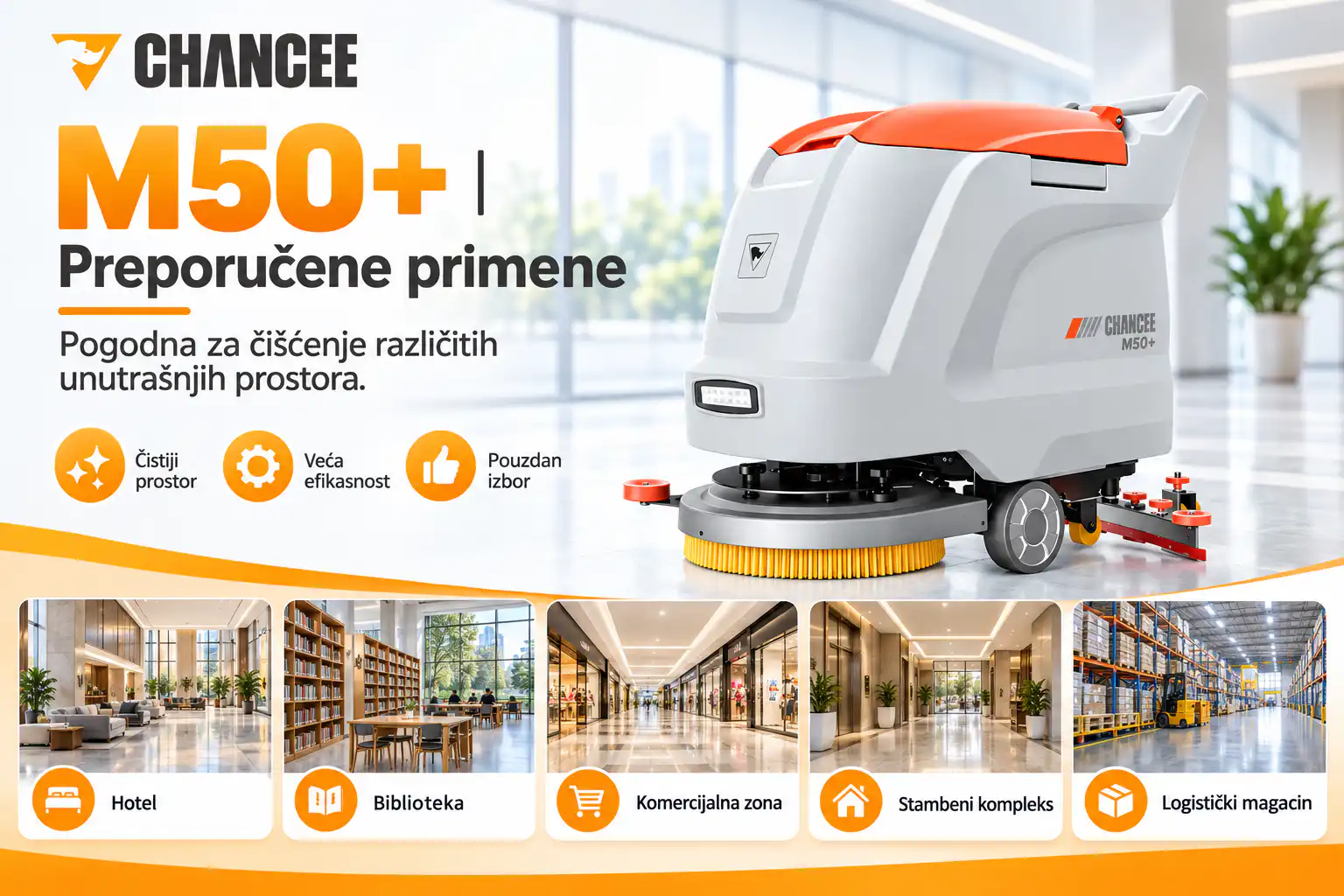 Chancee M50+ preporučene primene profesionalne mašine za pranje podova