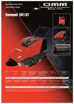 Crveno-crni OMM 501BT (620 mm, 2600 m²/h, 40 L) uređaj za čišćenje poda prikazan je iz više uglova sa detaljima i tabelarnim specifikacijama na italijanskom i engleskom jeziku.