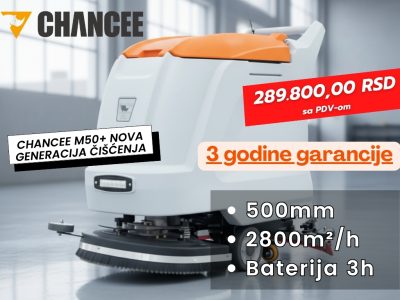 Prikazan je narandžasto-beli profesionalni čistač poda sa cenom, garancijom 3 godine, širinom 500mm i kapacitetom 2800m²/h. Brend Chancee stoji gore levo.