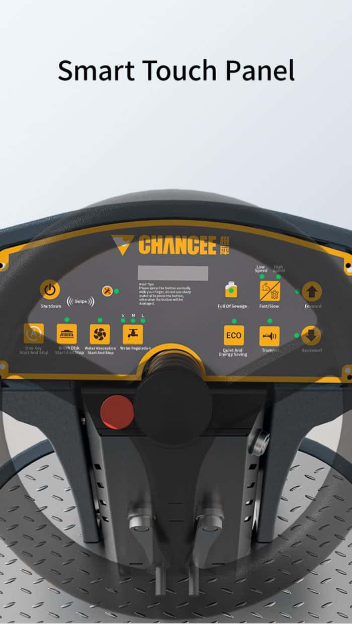 Detaljan prikaz CHANCEE K70 smart touch panela na podnoj mašini (3650m²/h, 550mm, baterija 3h), sa ikonama i degustatorima na metalnoj osnovi ispod natpisa Smart Touch Panel.