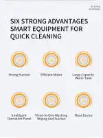 Infografik prikazuje šest prednosti CHANCEE K70: snažno usisavanje, efikasan motor, veliki rezervoar, pametan panel, 3u1 čišćenje, plovak.
