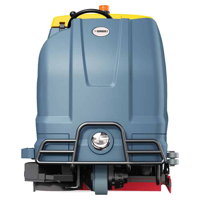 Prednji pogled na CHANCEE K100 mašinu za čišćenje podova sa plavim telom, žutim vrhom, zaštitnom rešetkom i vidljivim četkom.