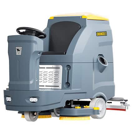 Velika CHANCEE K80 mašina za čišćenje podova, siva i žuta, sa sedištem i četkama, pokriva 6800m², radi 5 sati, garancija 3 godine.