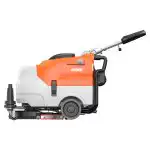 Bočni pogled na CHANCEE M30+ narandžasto-belu mašinu za čišćenje (2000m², 450mm, baterija 3h, garancija 3 godine), sa točkovima, drškom i četkom ispod.