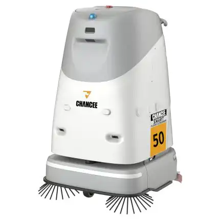 Industrijski Robot za Pranje Podove Chancee SC50 Plus u bijeloj i sivoj boji ima dvije prednje četke i žutu oznaku 50 sa strane.