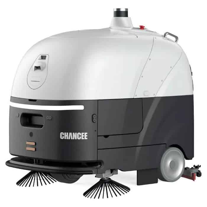 Moderan i kompaktan sivi i crni robot za pranje podova Chancee SC80 (4000 m²/h, 3D LiDAR), sa četkama, točkovima i izduvom.