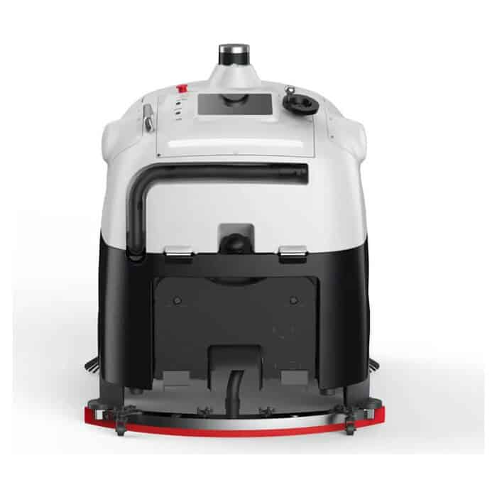 Prednji pogled na Chancee SC80 Pro autonomni robot za pranje podova sa modernim dizajnom, crno-belim telom i crvenom bazom.