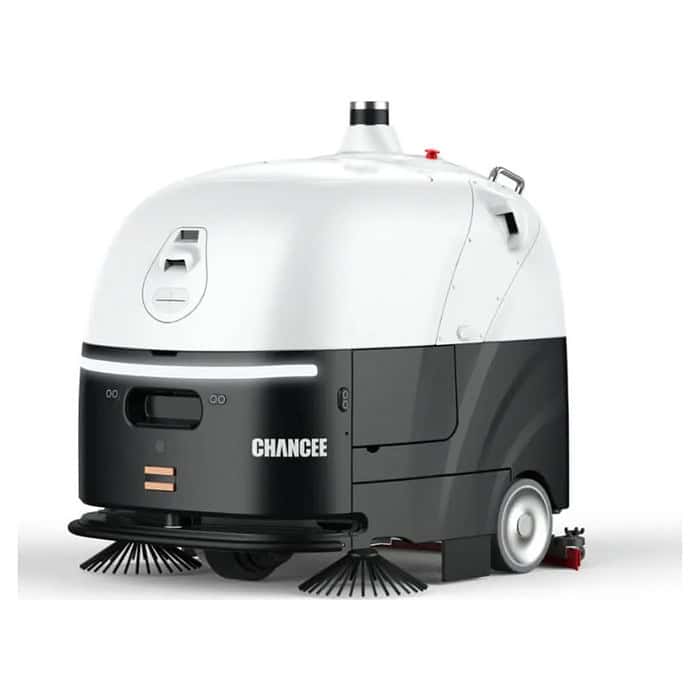 Chancee SC80 Pro autonomni robot za pranje podova, kompaktan, zaobljen, beo i crn, sa četkama, točkićima i antenom.