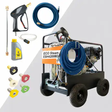 ESH4200BD perač pod pritiskom bez struje (290 bara, 1080 l/h, 150°C) na benzin i dizel sa točkovima i kompletnom opremom.