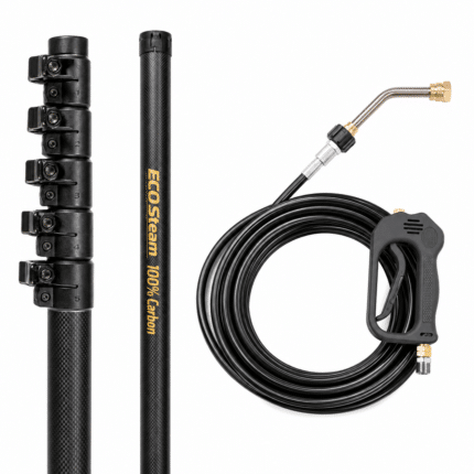 Set za čišćenje: visokopritisni teleskopski štap za pranje (275 bar, 100°C, 5.6m) ECO Steam 100% Carbon, crevo i pištolj, te crna sekcija sa štipaljkama.