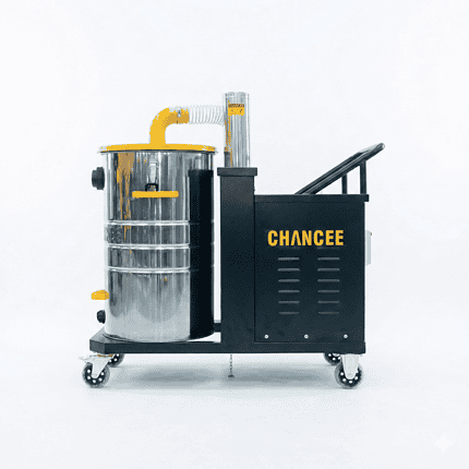 Industrijski usisivač Chancee CG3080 Turbina ima metalno bure sa žutim detaljima, crni omotač i stoji na točkićima.