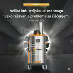 Srebrno-narandžasti Industrijski usisivač Chancee CG3080 Turbina, HEPA filter 99,7%, zapremina 80L, snaga 3kW, vakuum 27,5kPa.