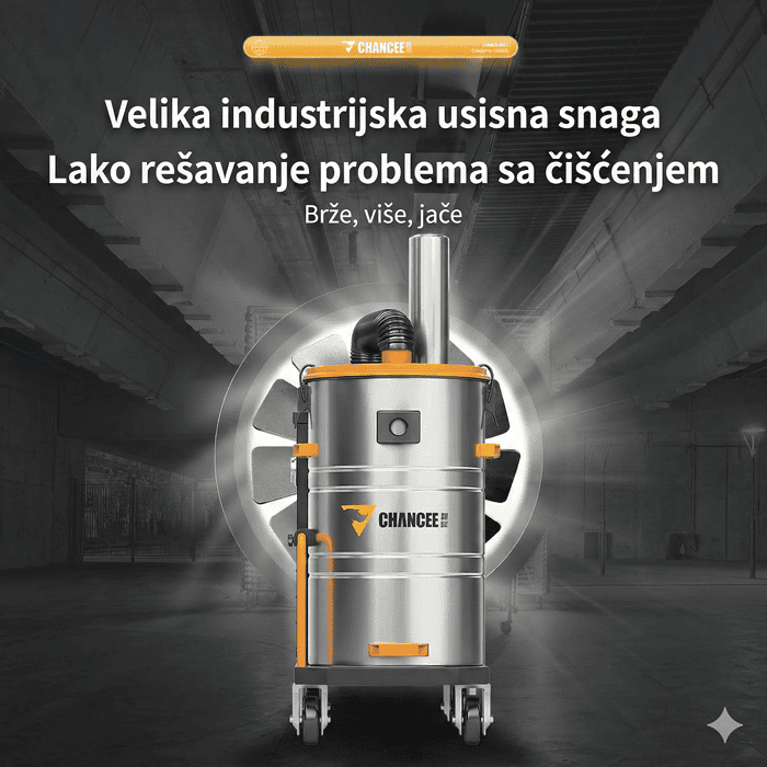 Srebrno-narandžasti Industrijski usisivač Chancee CG3080 Turbina, HEPA filter 99,7%, zapremina 80L, snaga 3kW, vakuum 27,5kPa.