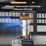 Industrijski usisivač Chancee CG3680 (80 L, 3 motora) narandžasto-srebrni, na točkićima uz prikaz snage i pukotine.