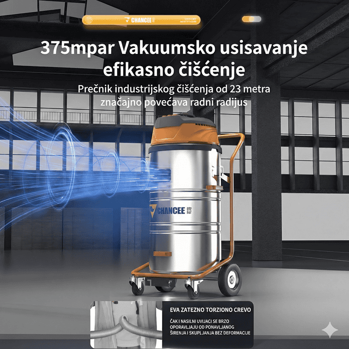 Industrijski usisivač Chancee CG3680 (80 L, 3 motora) narandžasto-srebrni, na točkićima uz prikaz snage i pukotine.