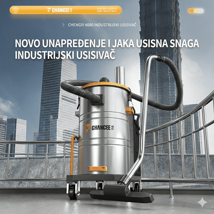 Industrijski usisivač Chancee CG4080 Turbina (80L, 4.0kW, 31.8kPa) sa HEPA filterom 99,7% ispred modernih zgrada; istaknuta snaga i inovativne funkcije.