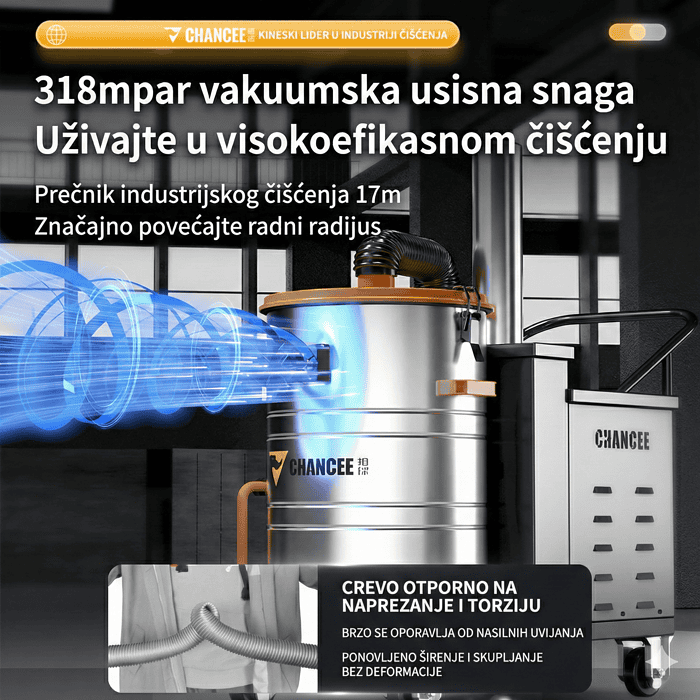 Industrijski usisivač Chancee CG4080 Turbina (80L, 4.0kW) sa HEPA 99,7% filterom i crevom u tkanini, sjajno telo, točkići.