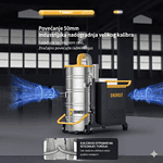 Industrijski usisivač Chancee CG55100 5.5kW sa HEPA filterom prikazan na skladištu, istaknute čelične cevi i crevo.