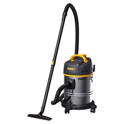 Chancee CRS1625 je profesionalni usisivač za mokro i suvo čišćenje, 25L, 1.6kW, HEPA filter 99.7%, crno crevo, žuti detalji.