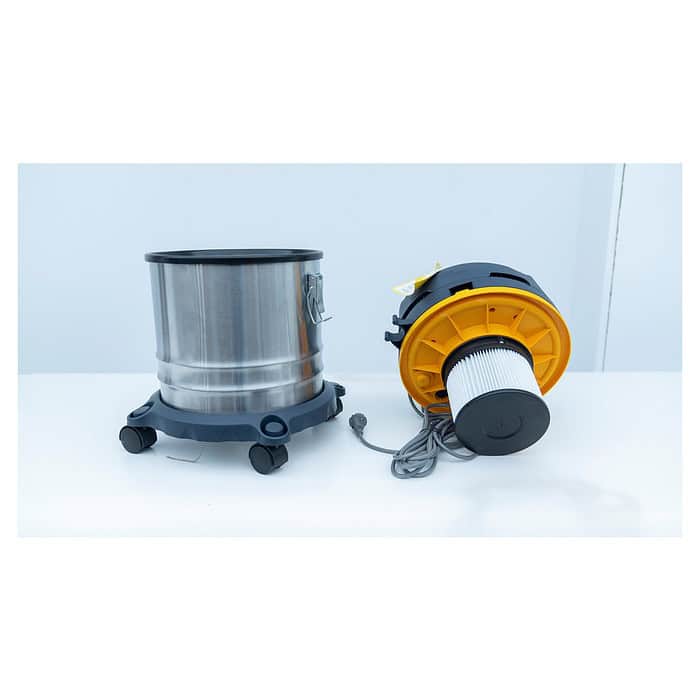 Profesionalni usisivač Chancee CRS1625 (25 L, 1,6 kW) ima metalno telo sa točkovima levo i žuto-crni motor desno sa HEPA filterom (99,7%), kablom i protokom vazduha od preko 210 m³/h.