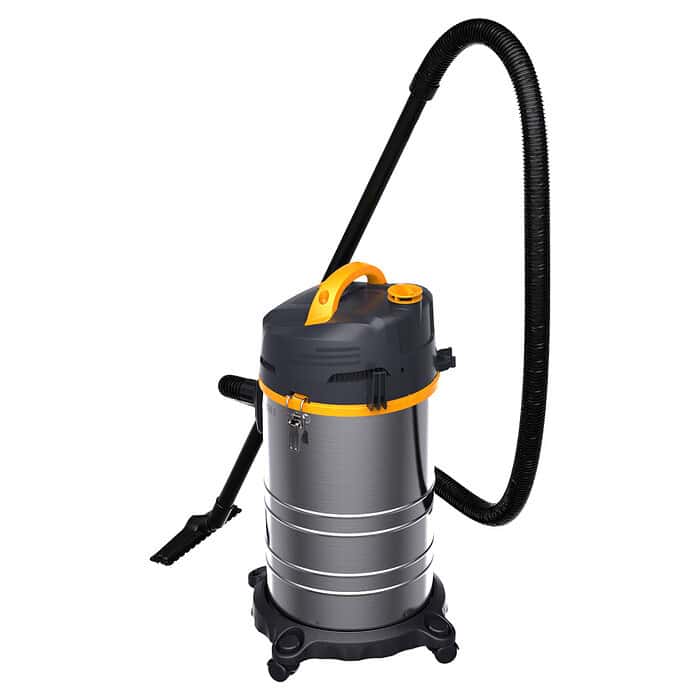 Srebrno-crni usisivač Chancee CRS1635 (HEPA 99,7%, 35L, 1,6kW) sa žutom drškom i ravnim nastavkom na točkićima na beloj pozadini.