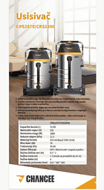 Dva velika industrijska usisivača sa oznakom CHANCEE CRS2870 i CRS2890 prikazana su jedno pored drugog na brošuri sa tehničkim podacima.