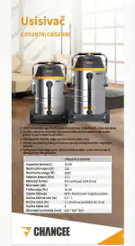 Dva velika industrijska usisivača sa oznakom CHANCEE CRS2870 i CRS2890 prikazana su jedno pored drugog na brošuri sa tehničkim podacima.