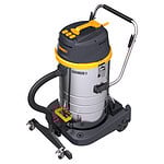 Profesionalni usisivač Chancee CRS2890 ima 90L inox telo, dva motora (2,8 kW), HEPA filter, crno-žuti dizajn i točkiće.