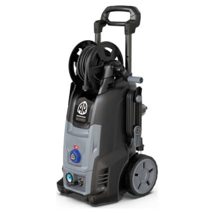 Prenosivi crno-sivi električni perač Annovi Reverberi AR1-10.19CMH 190 bara, sa drškom, velikim točkovima, crevom i AR logoom napred.