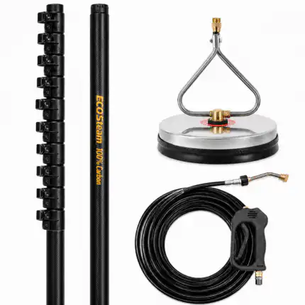 Set za pranje krovova i fasada pod pritiskom 250bar, s Carbon teleskopskim štapom 13,72m, TurboDevil 302K nastavkom od nerđajućeg čelika, više mlaznica, crnom spiralnom cevi i pištoljem za prskanje.
