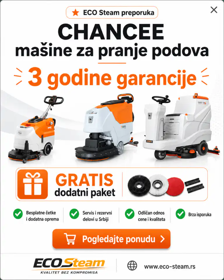 Tri mašine za čišćenje poda i dodaci prikazani uz istaknutu garanciju 3 godine, besplatan servis i brzu dostavu.