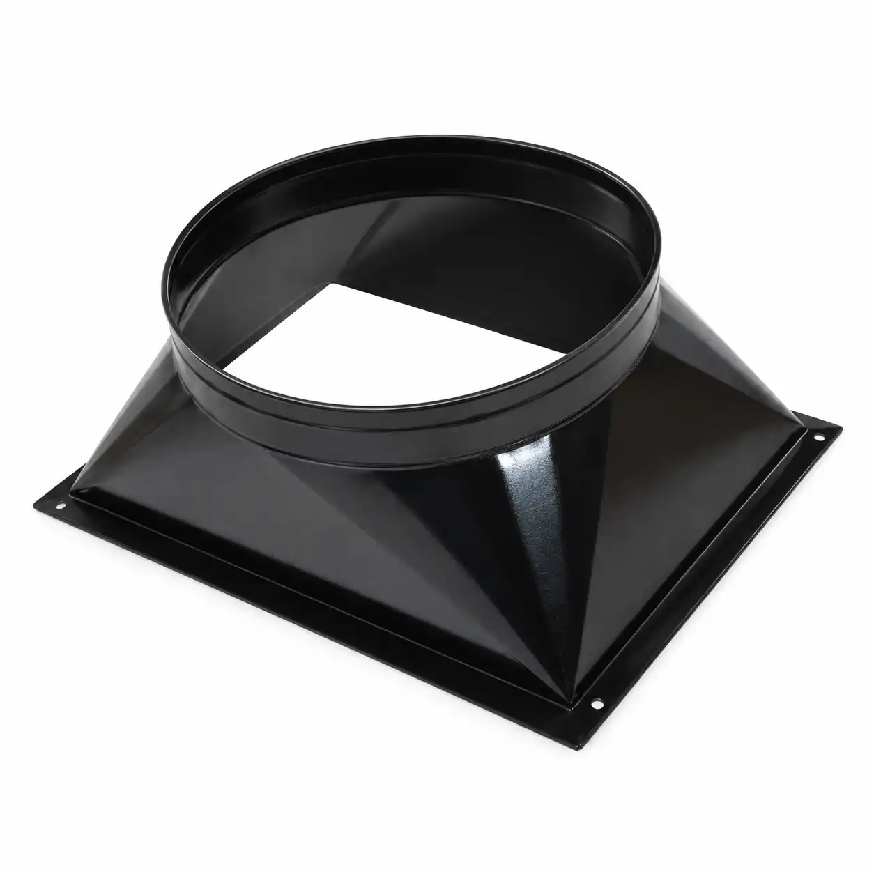 adapter-toplog-vazduha-1-izlaz-700mm-jumbo-235-02ac861 Crni metalni prelaz iz kvadratnog u okrugli kanal sa ravnom bazom i kružnim otvorom, korišćen za HVAC sisteme.