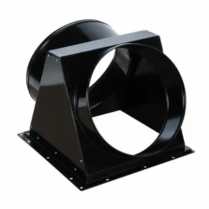 Crni metalni adapter za ventilaciju sa okruglim otvorima na oba kraja i pravougaonom bazom za spajanje okruglih i pravougaonih kanala.