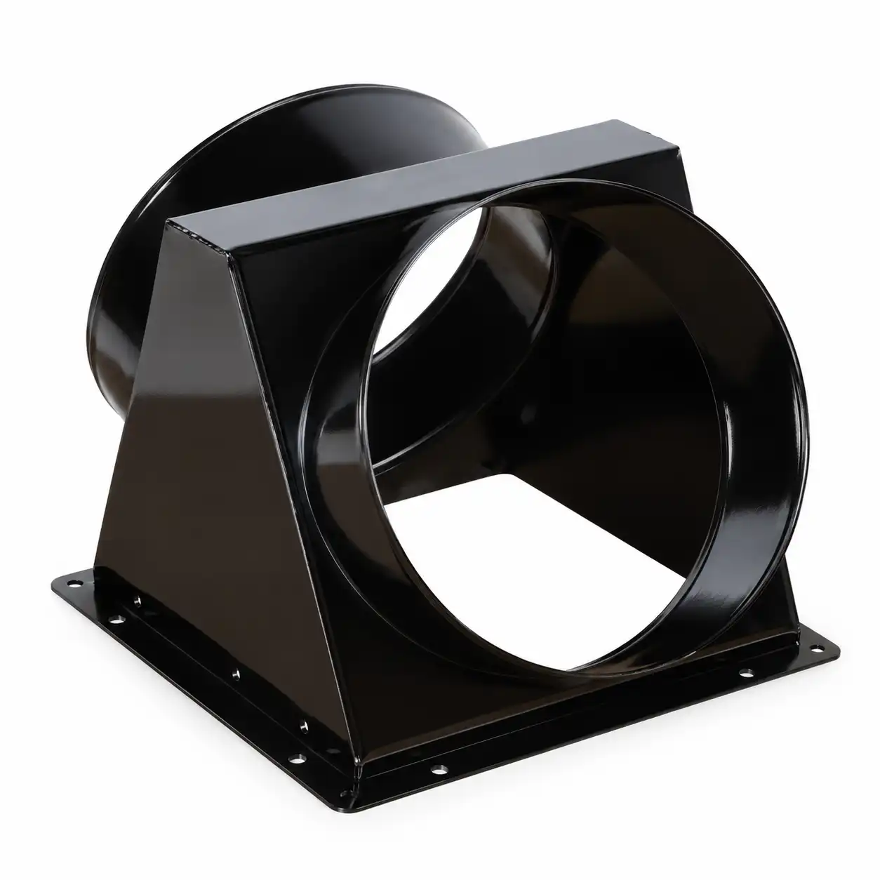 adapter-toplog-vazduha-2-izlaza-600mm-jumbo-235-02ac862 Metalni crni HVAC prelaz sa kvadratnim postoljem i dva okrugla otvora, služi za povezivanje ventilacionih cevi.