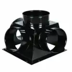 Crni metalni konektor za ventilaciju sa četiri bočna i jednim gornjim otvorom spaja više HVAC ili ventilacionih cevi.