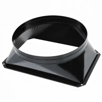 Crni metalni adapter sa okruglim vrhom i četvrtastom bazom, ima četiri rupe za montažu, povezuje kvadratne i okrugle kanale.