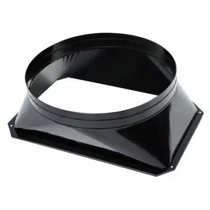 Crni metalni adapter sa pravougaonom bazom i kružnim otvorom na vrhu, sjajne površine i rupama za šrafove na uglovima.
