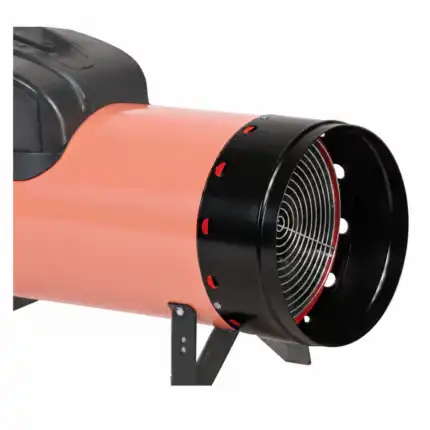 Detaljan pogled na industrijski narandžasto-crni grejač ili ventilator, prikazuje metalnu rešetku sprijeda i deo okvira ispod.