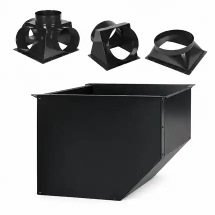 Crni metalni HVAC kanali: pravougaoni prelaz, raskrsnica sa četiri puta, adapter okruglo-pravougaoni i okrugla prirubnica prikazani na beloj podlozi.