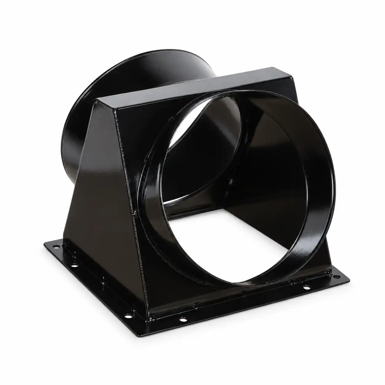 adapter-za-topli-vazduh-2-izlaza-jumbo-145-sp-70-02ac842 Sjajan crni metalni reduktor za ventilaciju sa pravougaonom osnovom i dva okrugla otvora, na beloj pozadini.