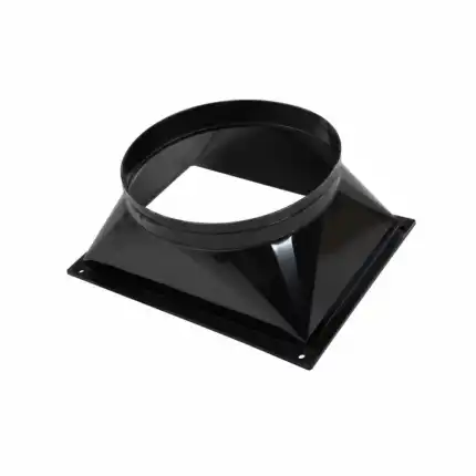 Crni metalni prelazni deo za ventilaciju sa okruglim otvorom na vrhu i četvrtastom bazom, spaja razne oblike kanala.
