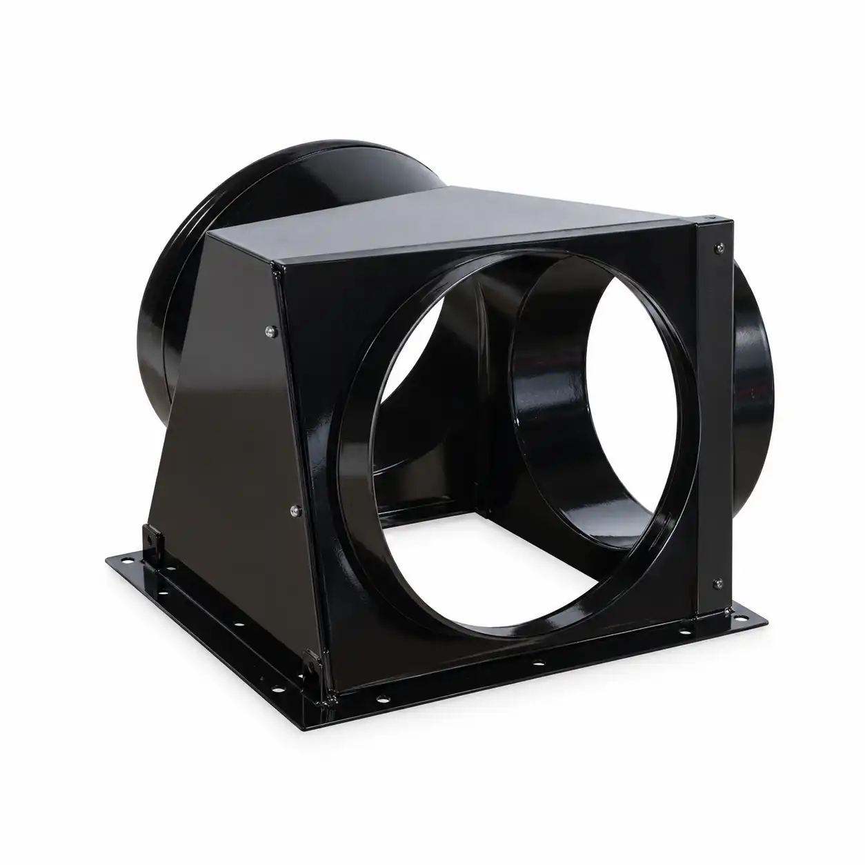adapter-za-topli-vazduh-sa-2-izlaza-600mm-02ac892 Crni metalni industrijski spoj za ventilaciju ili HVAC, sa kružnim otvorima i kvadratnom bazom za povezivanje kanala.